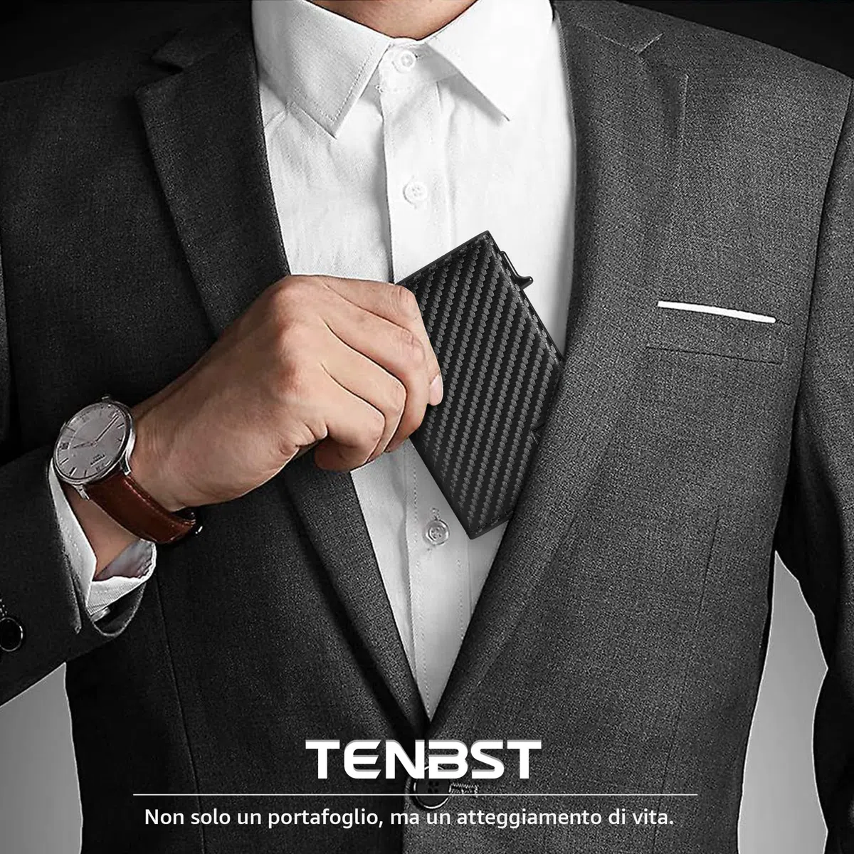 TENBST Portafoglio, Slim Porta Carte di Credito Uomo con RFID Anticlonazione, Portacarte Piccolo Magnetico, Porta Tessere con Portamonete e Contanti, Idea Regalo - Carbon Nero