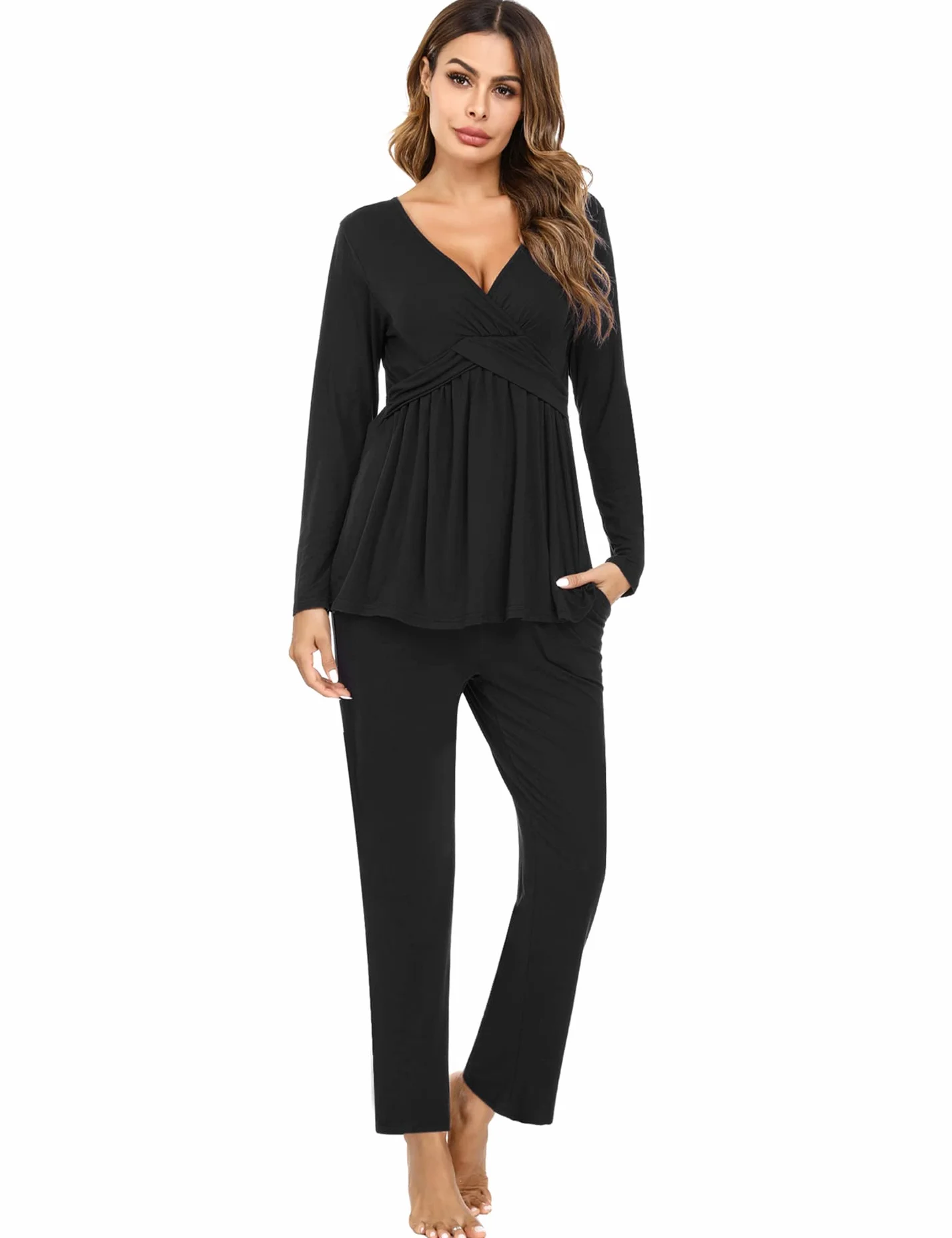 Litherday Pigiama Premaman Ospedale Pigiama Set Premaman in Cotone Pigiama Allattamento Ospedale Pigiama Parto Ospedale con Cintura Regolabile Incinte Parto S-XXL