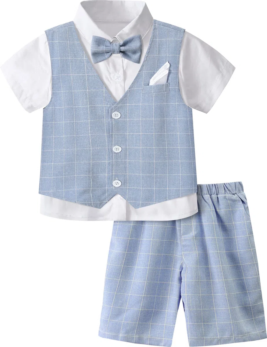 mintgreen 3PCS Ragazzo Gentiluomo Vestito Gilet + Camicia + Pantaloni + Papillon + Quadri Taschino 4-11 Anni