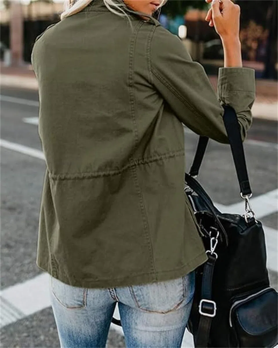 Generisch Giubbino militare da donna leggero casual chiusura lampo bottoni automatici utility cargo cappotti con tasca giacca marrone