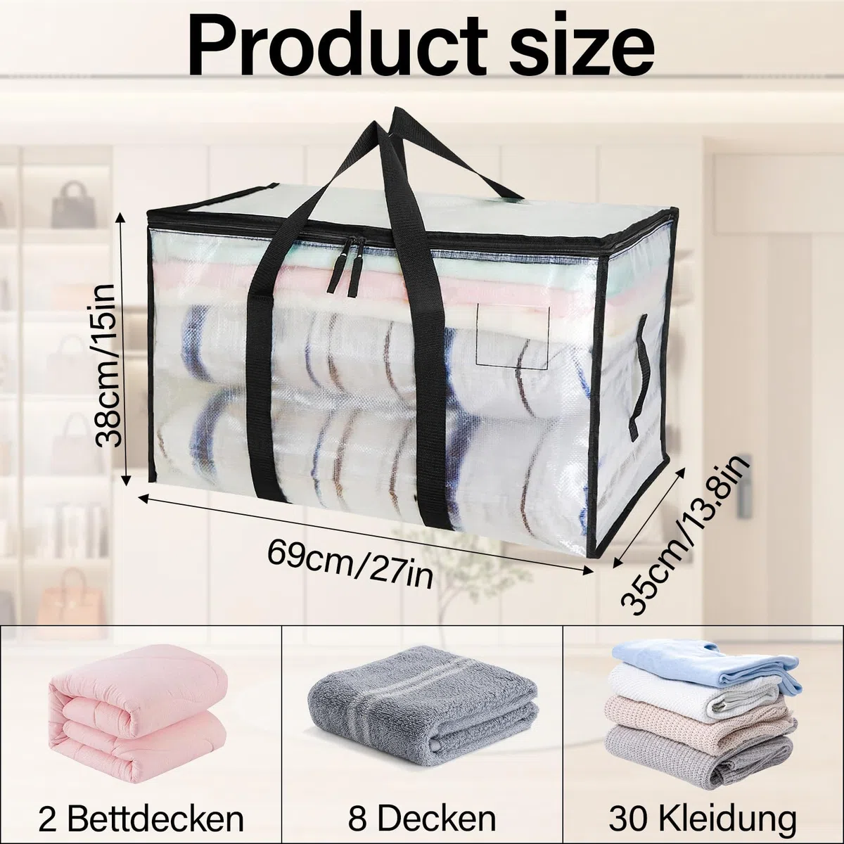 Pavlleen 4 Pezzi Borse in Plastica trasparente grandi,Borsa da 90 L trasloco grandi con cerniere e manici rinforzati,Borse di Stoccaggio Extra Large per Traslochi,stoccaggio,viaggi