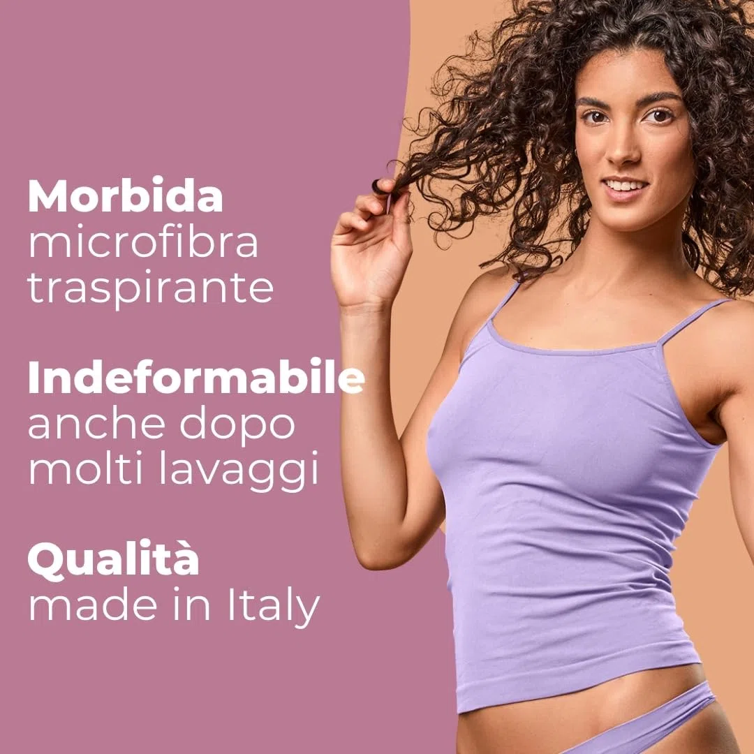 FOCENZA Set 3 Pezzi Canotta Donna Spalline Sottili in Microfibra, Intimo Senza Cuciture in Vari Colori, Made in Italy
