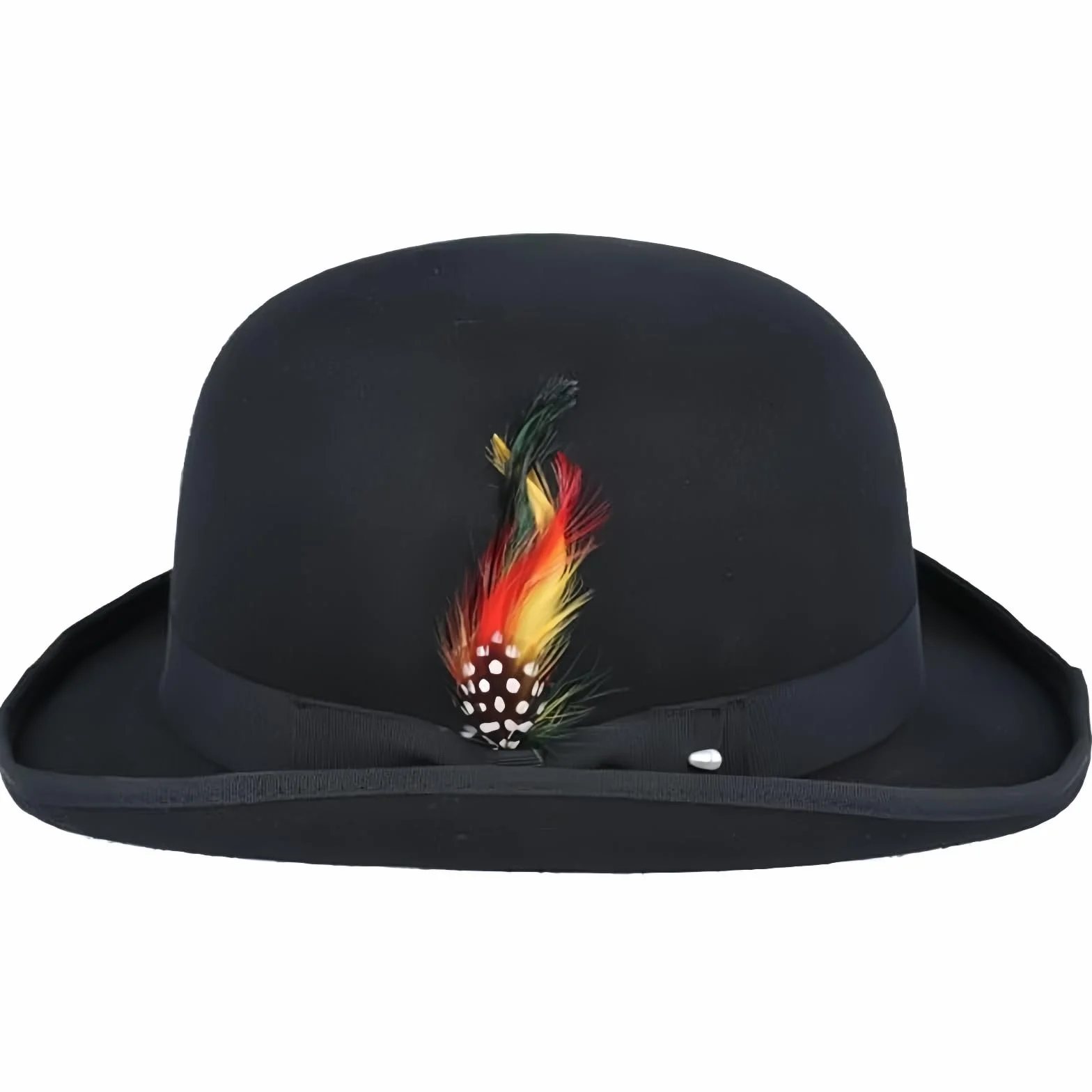 Cappello a bombetta in feltro duro con piuma foderata in raso, per uomo e donna