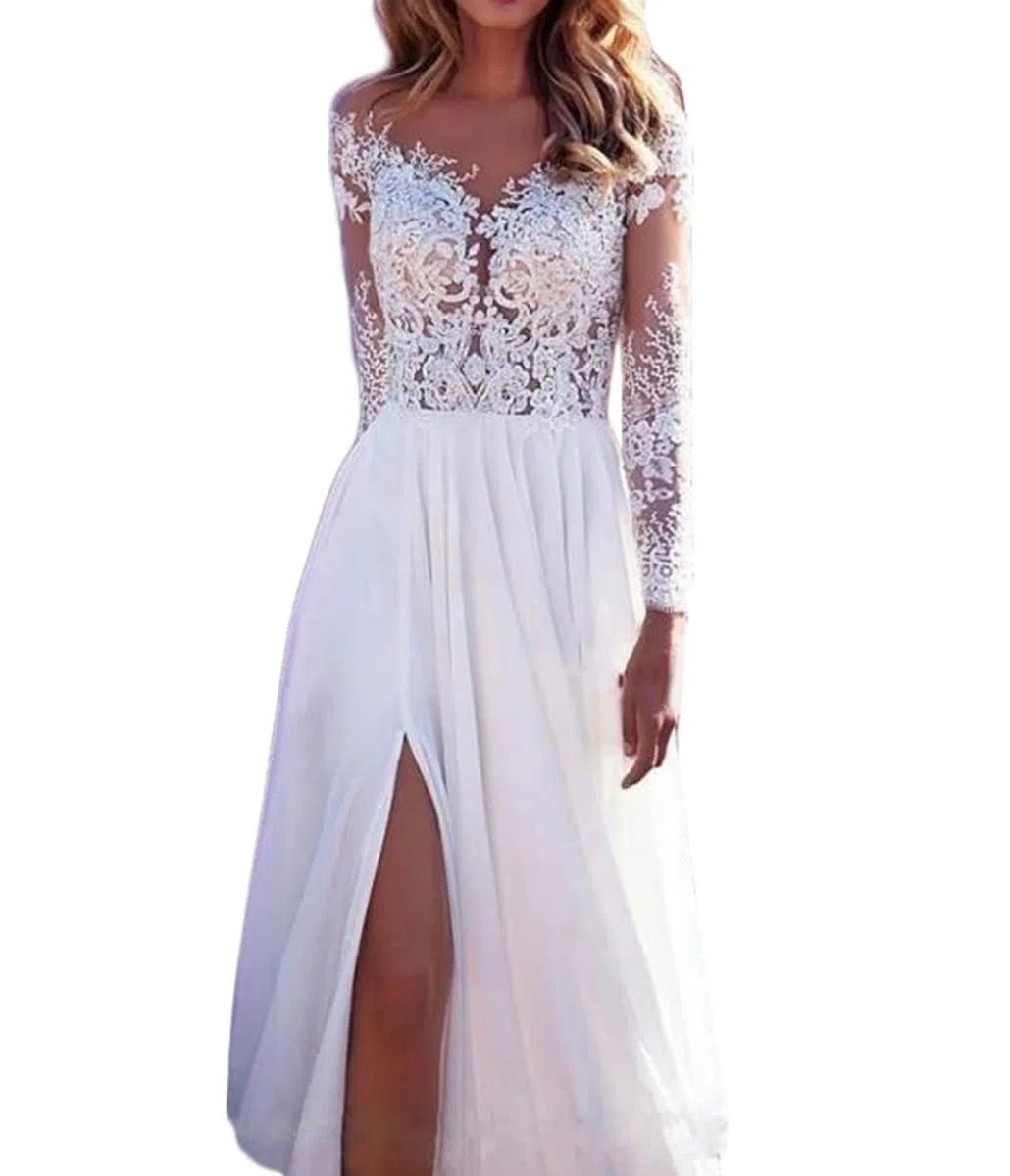 Onsoyours Abiti da Sposa Donna Elegante Senza Maniche Scollo a V Nuzial Abito con Spacco Pizzo Lungo Vestito