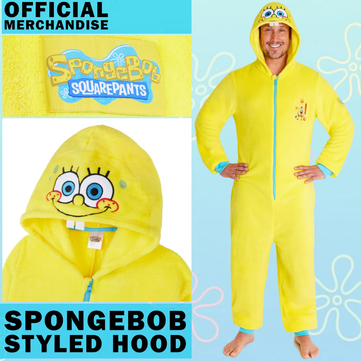 SPONGEBOB SQUAREPANTS Tuta Intera Uomo e Adolescenti S-3XL, Morbido Pile Pigiama Intero con Cappuccio, Regali per Lei
