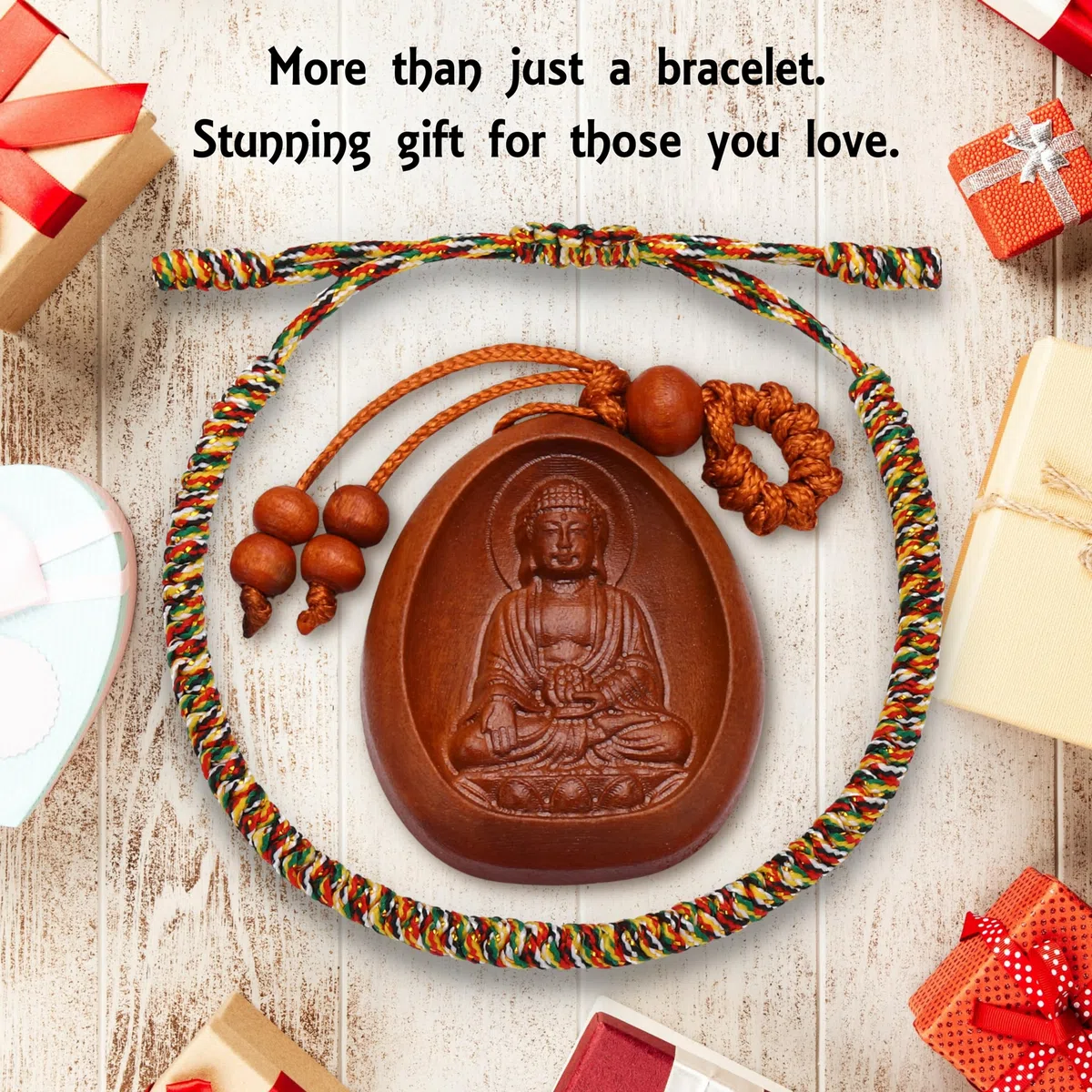 LUCKY BUDDHIST 3 Bracciali Tibetani Buddisti Regolabili – Bracciali in Corda Intrecciata per Uomo e Donna – Include Portachiavi Buddha in Legno