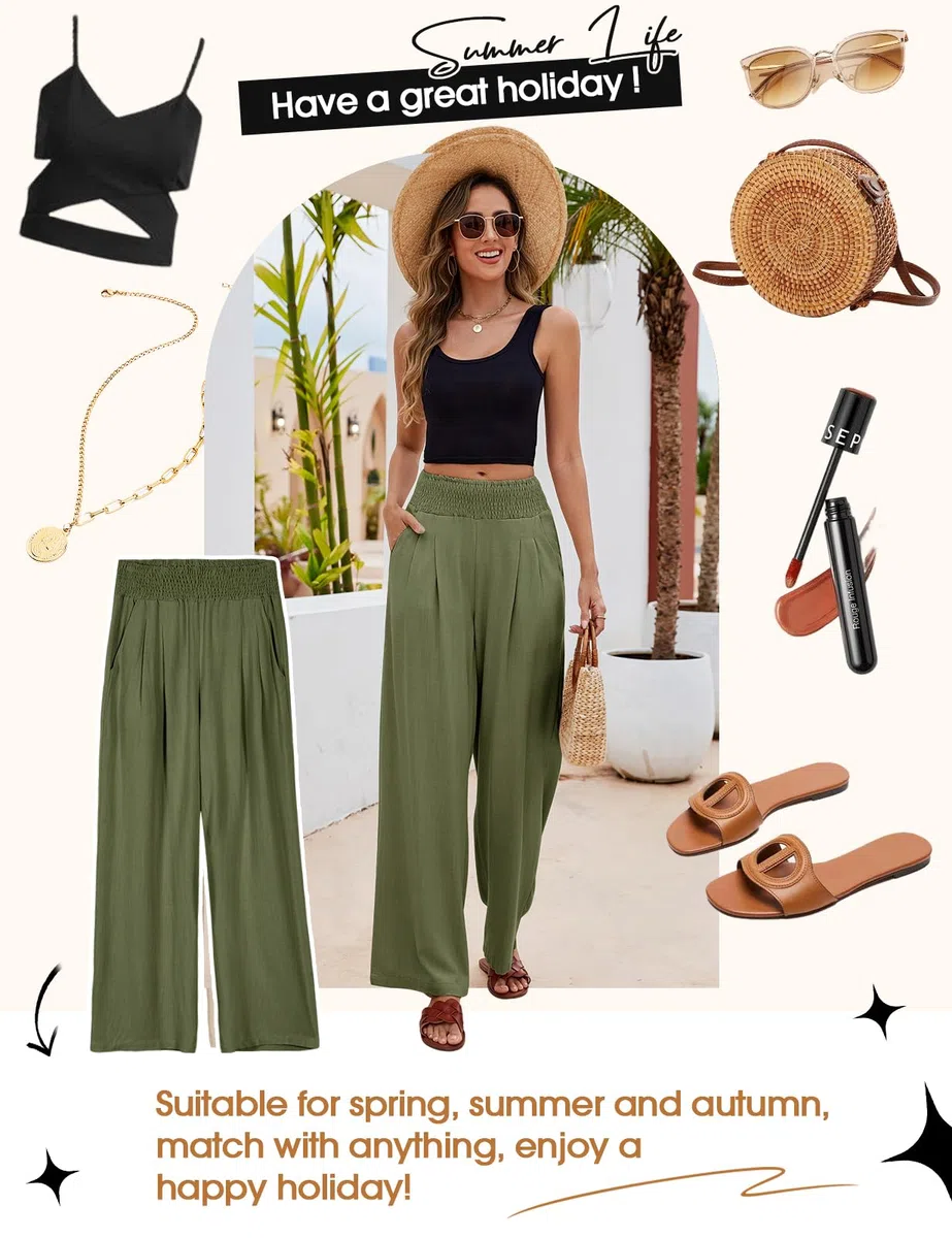 Pantaloni Lino Donna Estivi Pantaloni Elastico Vita Alta Larghi Eleganti Pantalone Casual da Spiaggia Comodi Leggeri con Tasche
