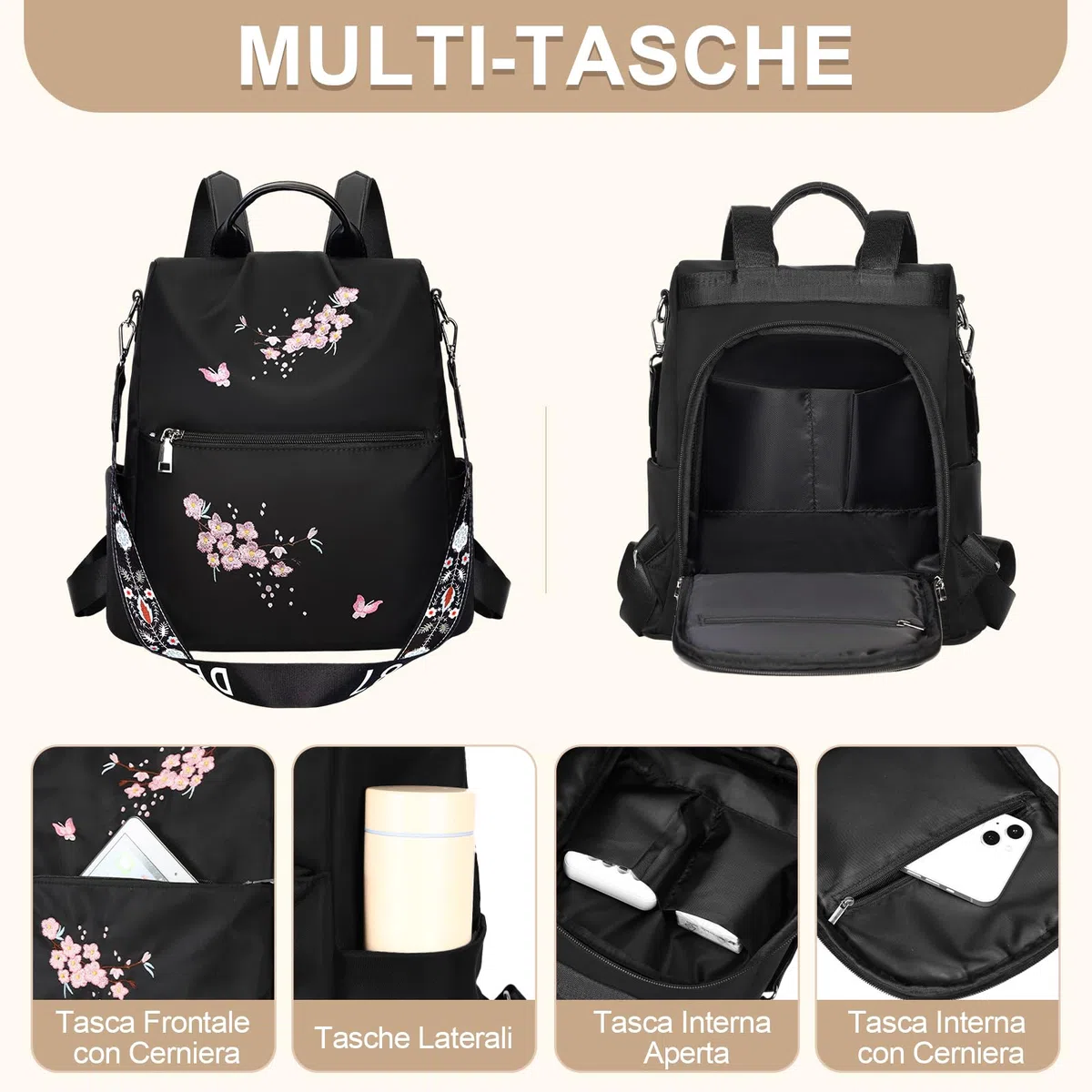 Eshow Zaino Donna, Zainetto Antifurto Multifunzionale, Borsa Casual ed Moda per Viaggio, Scuola, Lavoro, Shopping, Visite e Università