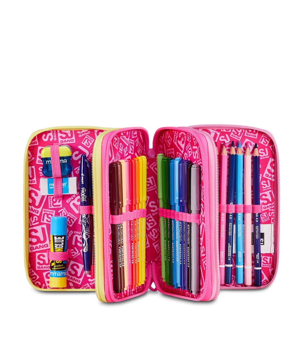 SJ GANG STYLE JAM GANG Astuccio Scuola 3 zip JOYFUL PINS GIRL, Rosa, Triplo Scomparto, 45 pezzi, Portapenne Attrezzato, Completo di matite, penne e colori, Accessori Zaino, Scuola elementare, Bambina