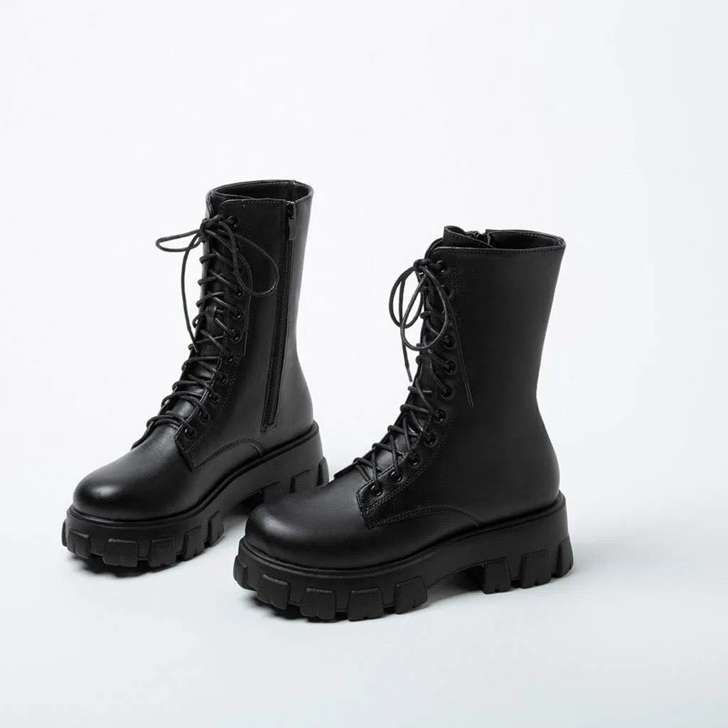 Stivali stringati da donna, da combattimento, da donna, in pelle, con plateau, da equitazione, per autunno, inverno, da lavoro