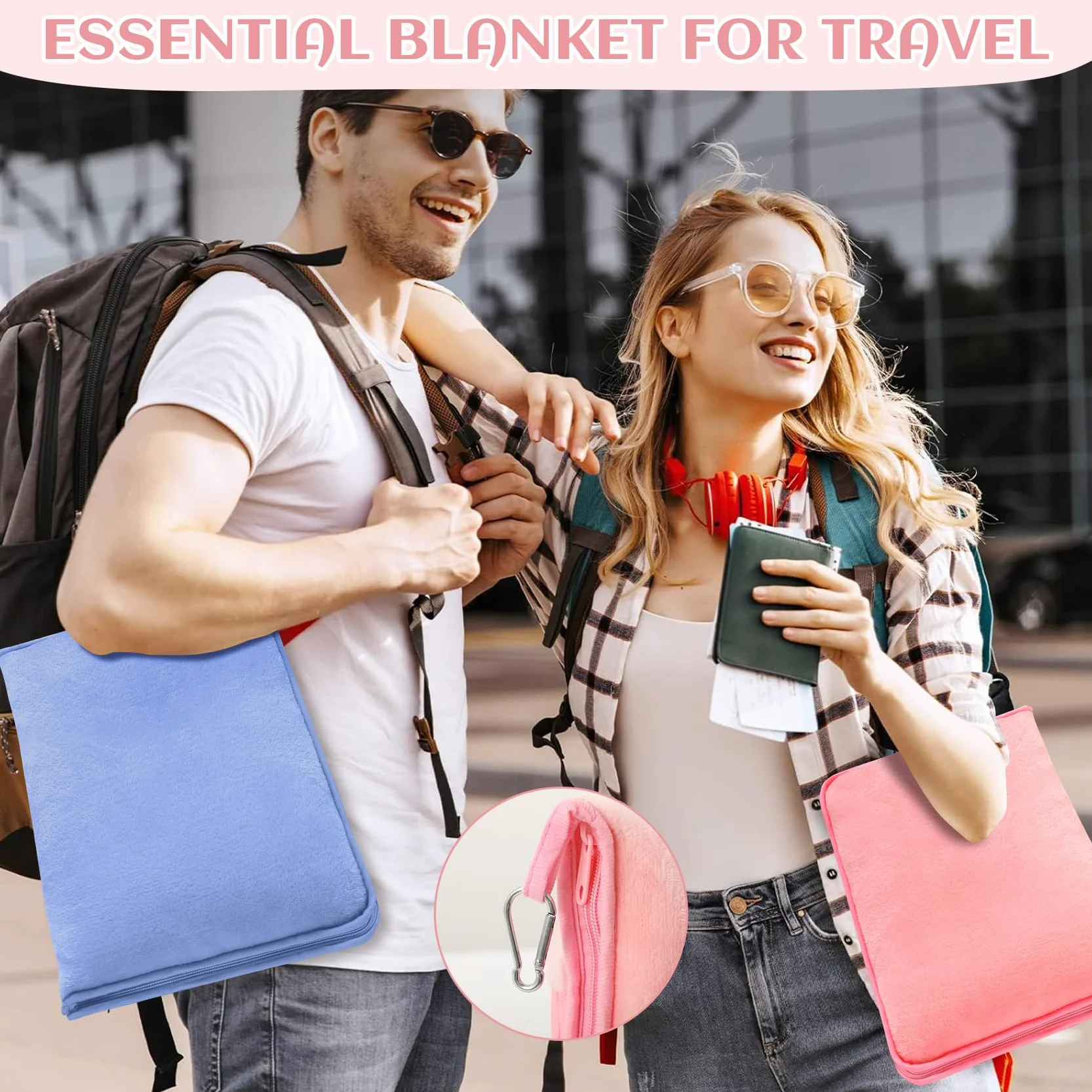 Coperta da Viaggio in Pile Con Cuscino - Pieghevole per Aereo, Auto - Gadget da Viaggio Portatile per Adulti, Bambini - Custodia, Manica Bagagli, Clip per Zaino
