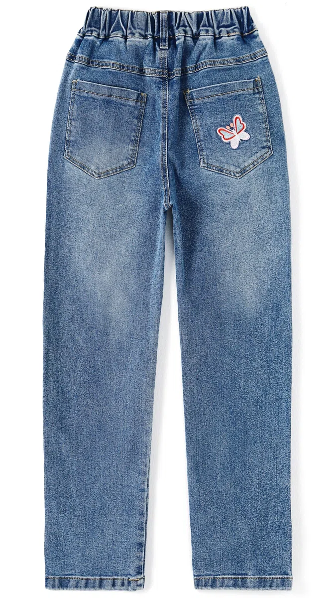KIDSCOOL SPACE Jeans Ricamati da Bambina,Pantaloni con Fondo in Denim Elasticizzato in Vita da Bambina