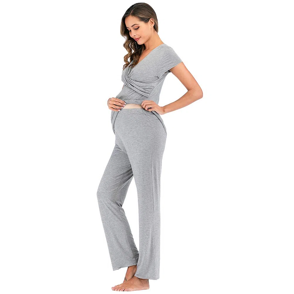 rismart Due Pezzi Pigiama Premaman Donna Camicia da Notte Allattamento Maniche Corte Magliette e Pantaloni Set