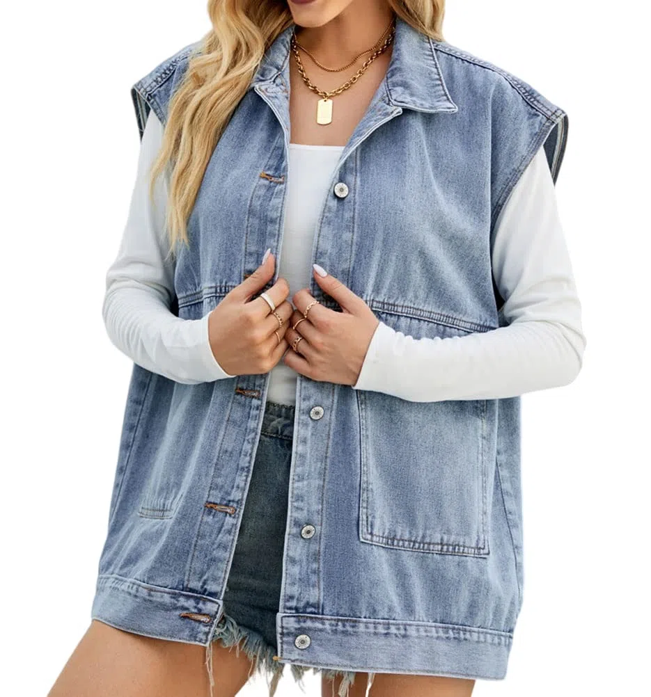 PAODIKUAI Gilet di jeans oversize da donna Mid Long Jean Gilet senza maniche Giacche in cotone invecchiato