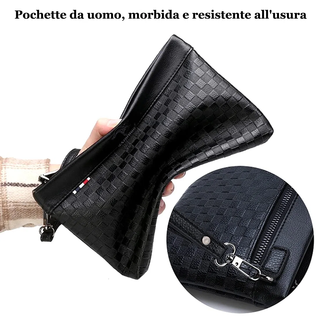 A-QMZL Pochette Uomo Pelle Pochette Business di Grande Capacità Pochette Buste Borsette Fessura Carte Tasche con Cerniera Portafogli Uomo con Cinturino Polso Borsa da Polso Lavoro Viaggio Casual