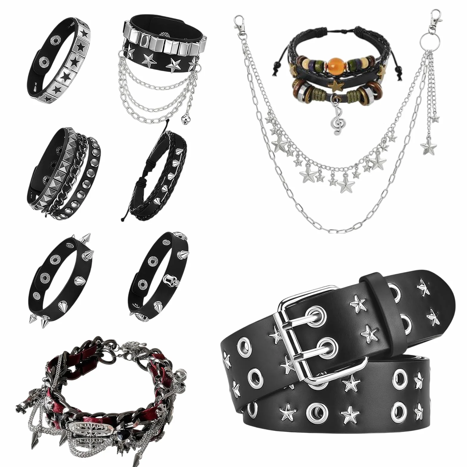 10 Pz Set di Accessori Unisex Y2K Include Cintura con Stampa Stella, Set di 7 Bracciali, Collana Goth Nera e Cintura in Metallo per la Vita - Pelle Nera - Stile Grunge Alt Emo