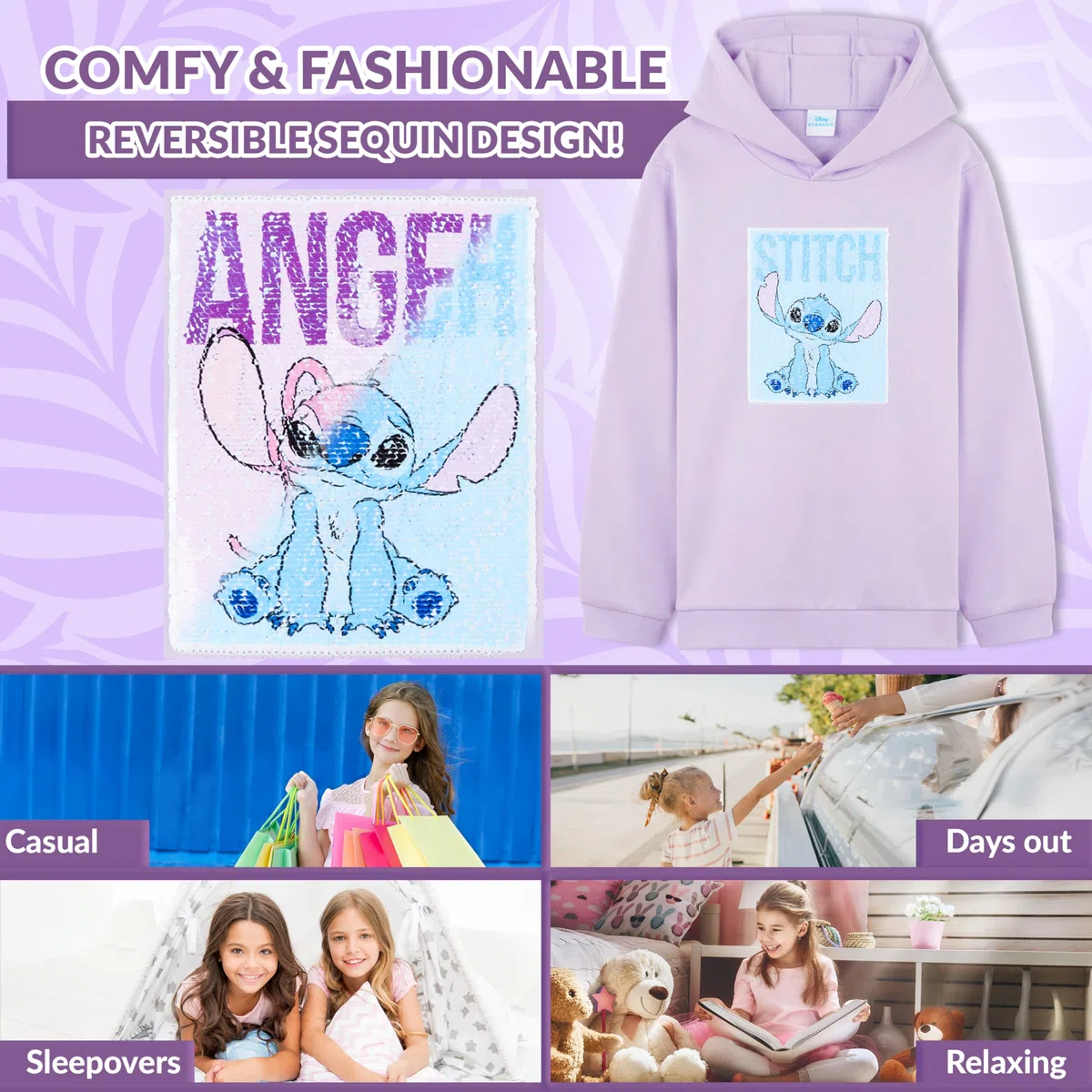 Disney Stitch Felpa con Cappuccio per Ragazza Adolescenti, Morbida Abbigliamento Paillettes Reversibili Felpe Ragazzo, Idee Regalo Bambini