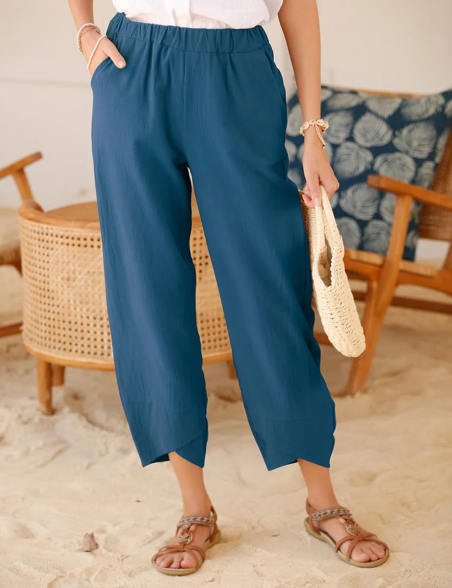 Yuson Girl Pantaloni estivi da donna, in lino, estivi, in cotone, casual, 7/8, per il tempo libero, pantaloni capris, elasticizzati, a vita alta, pantaloni in lino, leggeri, con tasche