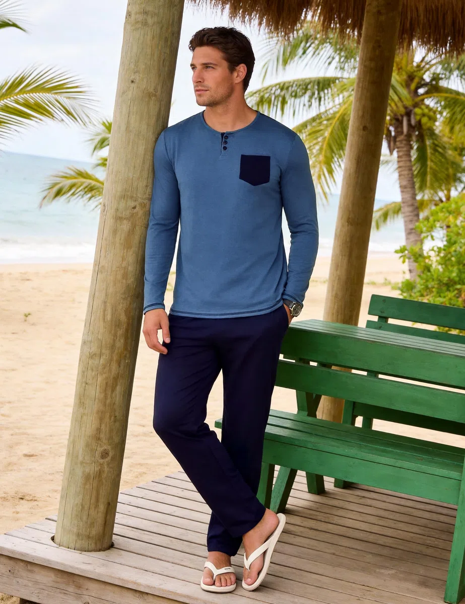 Bresdk Pigiama Invernale Uomo Cotone Lungo Abbigliamento da Casa Pigiami Lunghi con Bottoni Maglia Henley a Maniche Lunghe