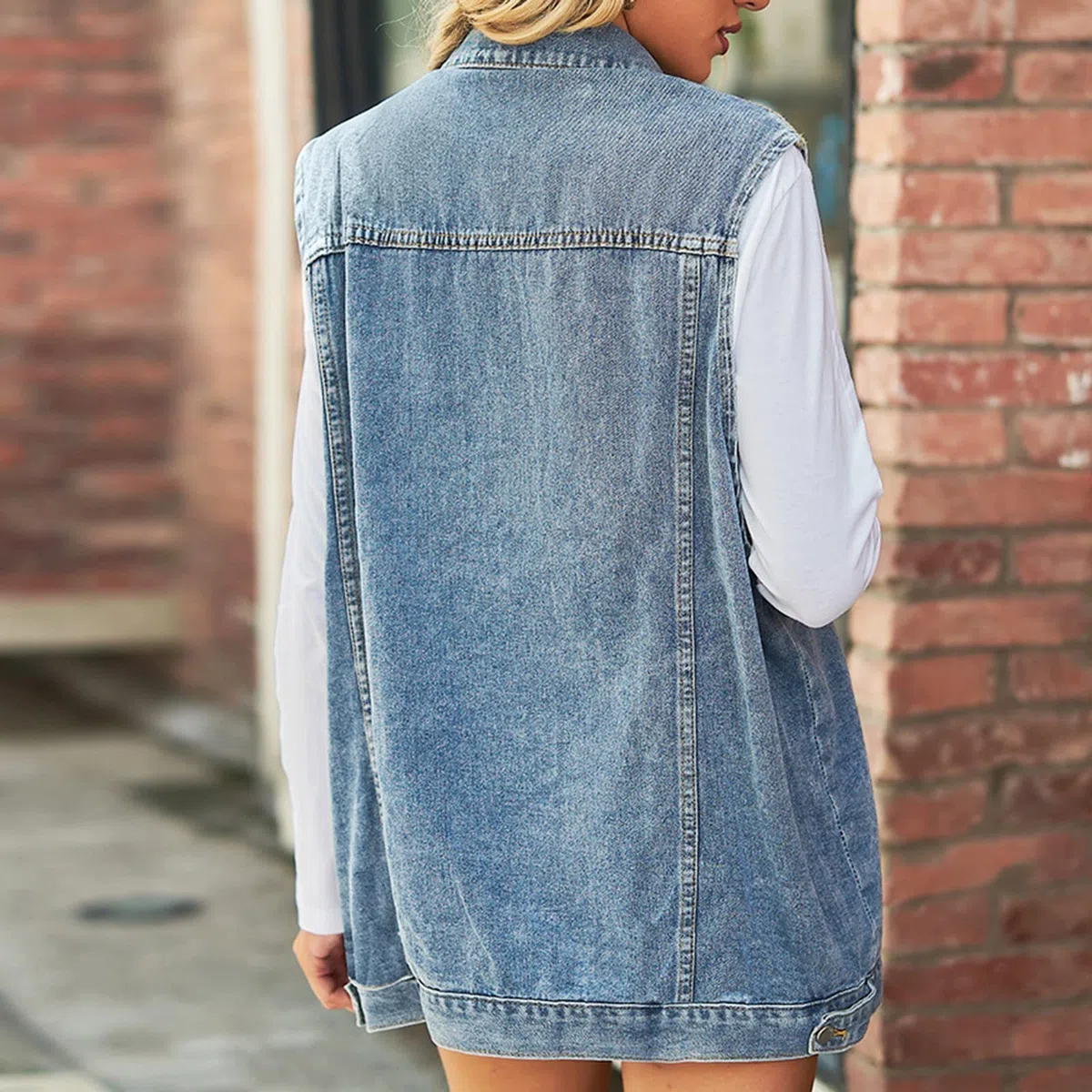 Gilet lungo in jeans, da donna, senza maniche, oversize, boyfriend, denim, per la transizione, per il tempo libero, estivo, per il tempo libero