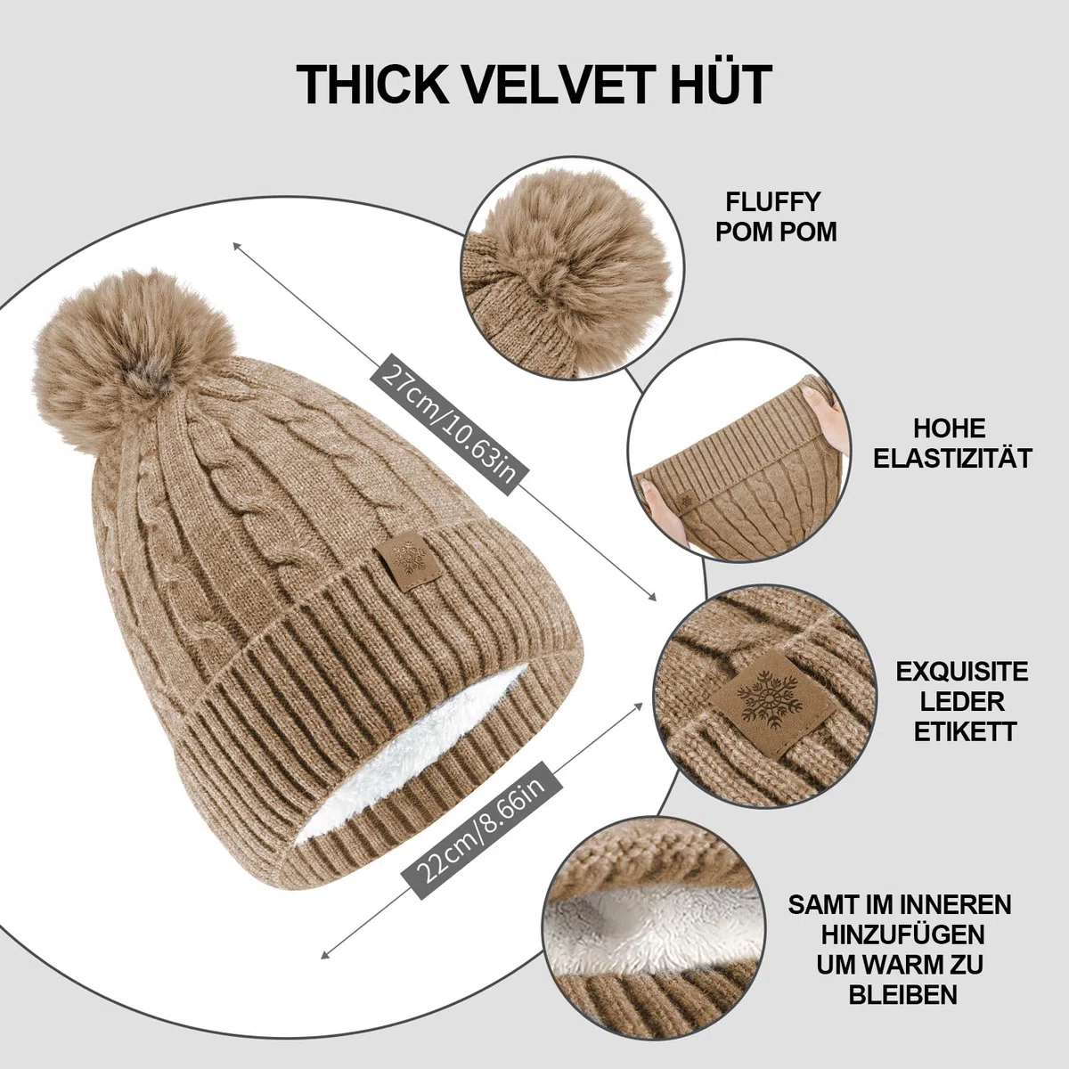 HOSPAOP Set Invernale Donna 3 in 1 – Berretto con Pompon, Sciarpa Lunga e Guanti Touchscreen, Cappello Invernale Donna a Maglia con Fodera in Pile, Accessori Caldi per Esterno e Quotidiano
