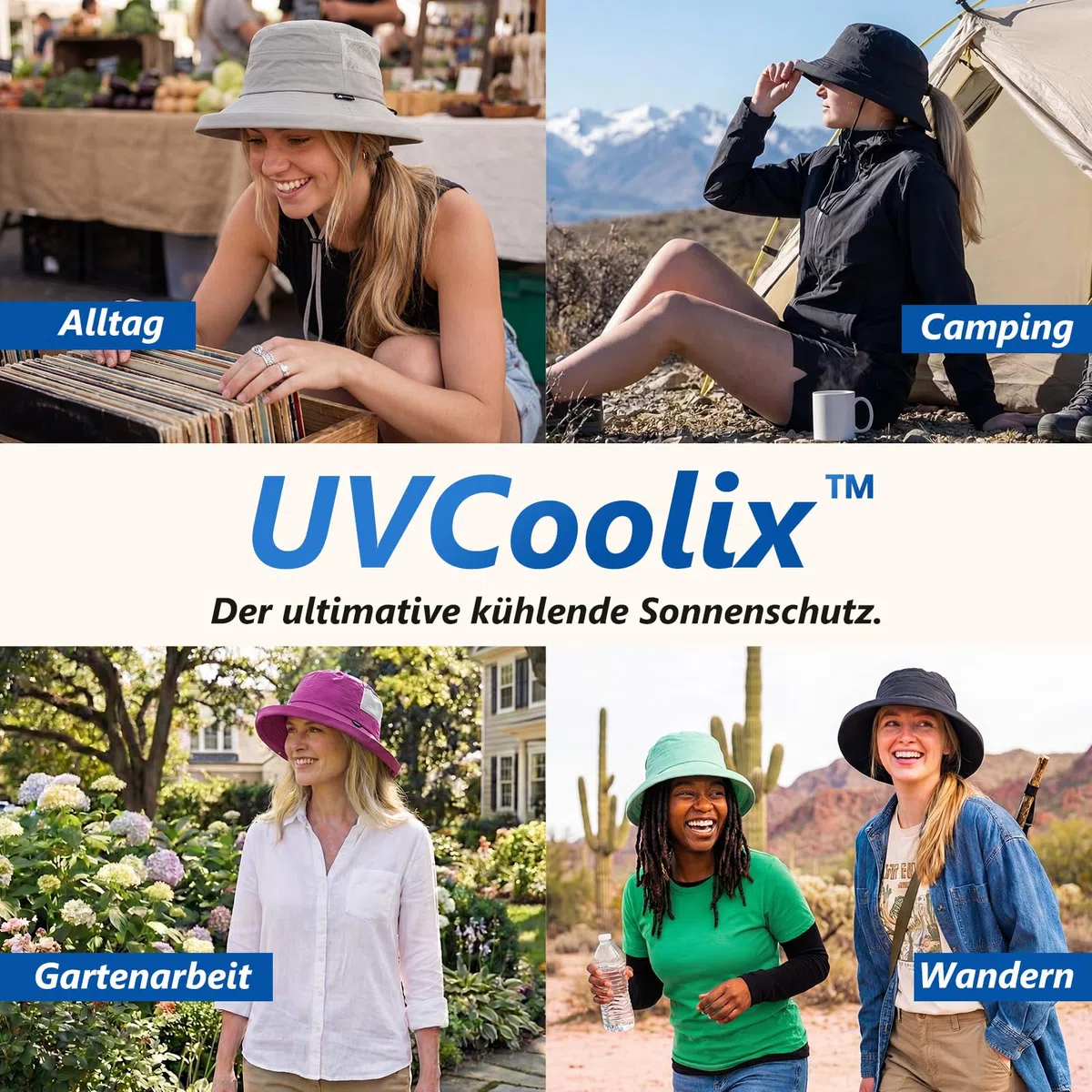 TOP-EX UVCoolix™ - Cappello da sole rinfrescante da donna con coda di cavallo, UPF 50, tesa larga, cappello da pescatore per protezione UV, impermeabile, cappello a secchiello con sottogola