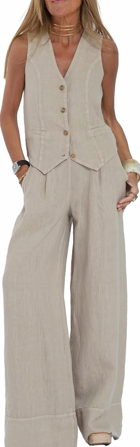 Abiti da donna Set da 2 pezzi con scollo a V senza maniche con bottoni gilet a gamba larga pantaloni a 2 pezzi blazer completo estivo in lino set abbinati