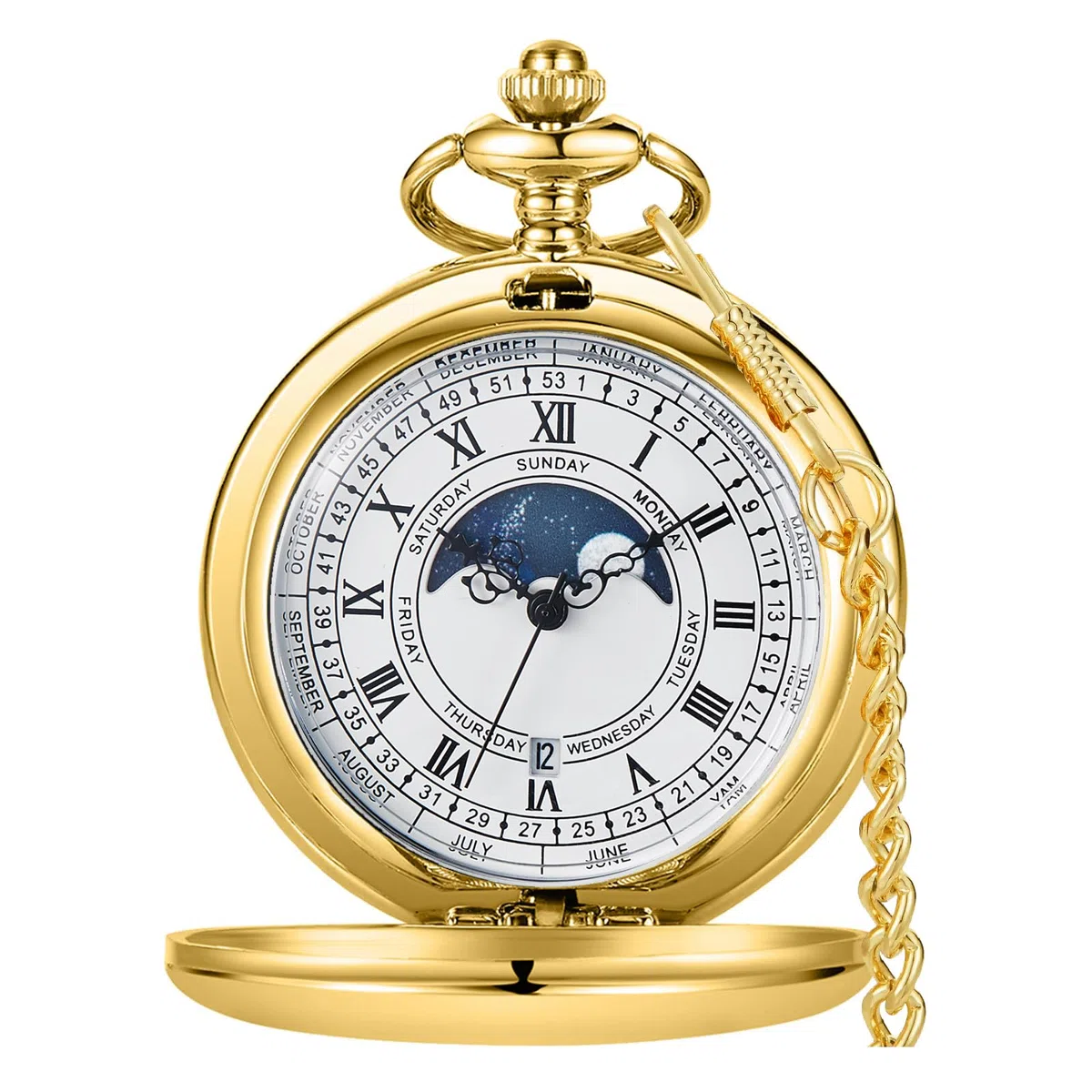 Tiong Orologio da tasca vintage con catena con numeri romani, scala unica al quarzo con calendario, orologio da taschino, regalo di compleanno, festa del papà