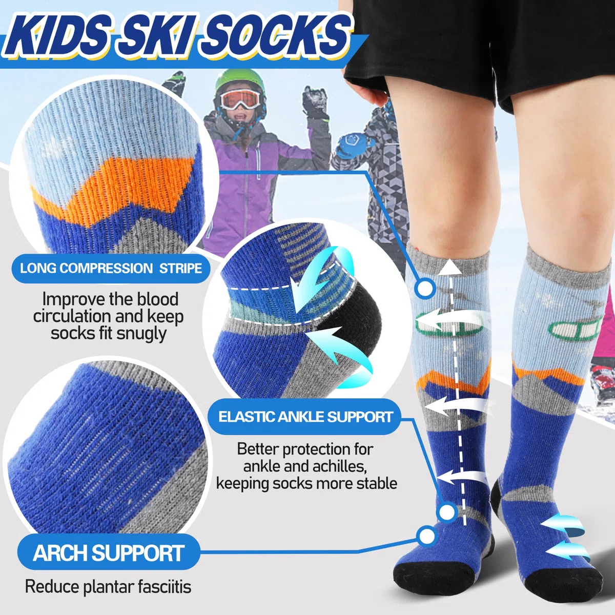 ANTSANG Calze Termiche Bambini Lana Merino per Sci Ragazzi Ragazze Inverno Calde Spesse Alte al Ginocchio per Sciare Snowboard 3 Paia