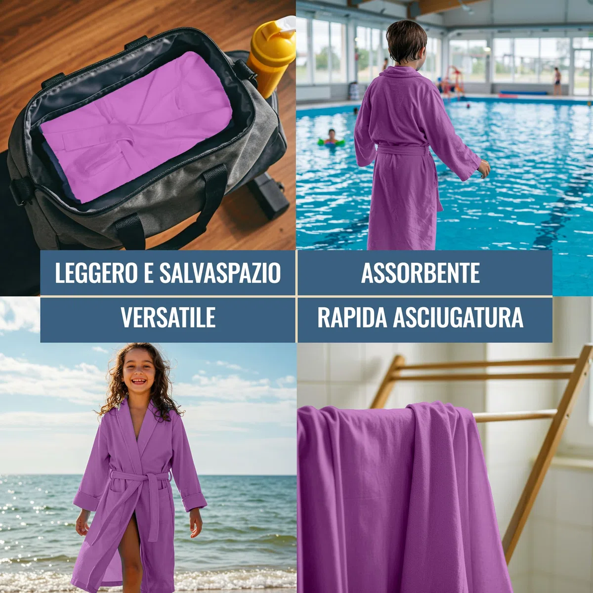 Dorian Home - Accappatoio Bambino Bambina in Microfibra Anallergico, Morbido, Leggero Salvaspazio Assorbente, Rapida Asciugatura con Cappuccio, Tasche, Cintura a Passanti e Gancio, Lavabile (no Stiro)