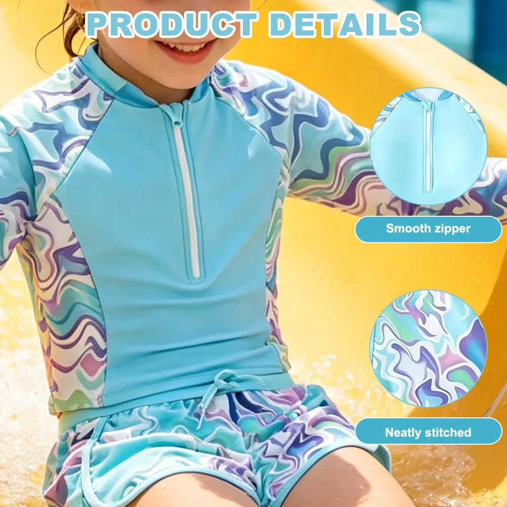 Set Rashguard da bambina, costume da bagno UV a maniche lunghe con imbottitura rimovibile, 1/2 zip con motivo floreale e pantaloncini da bagno, costume da bagno per adolescenti