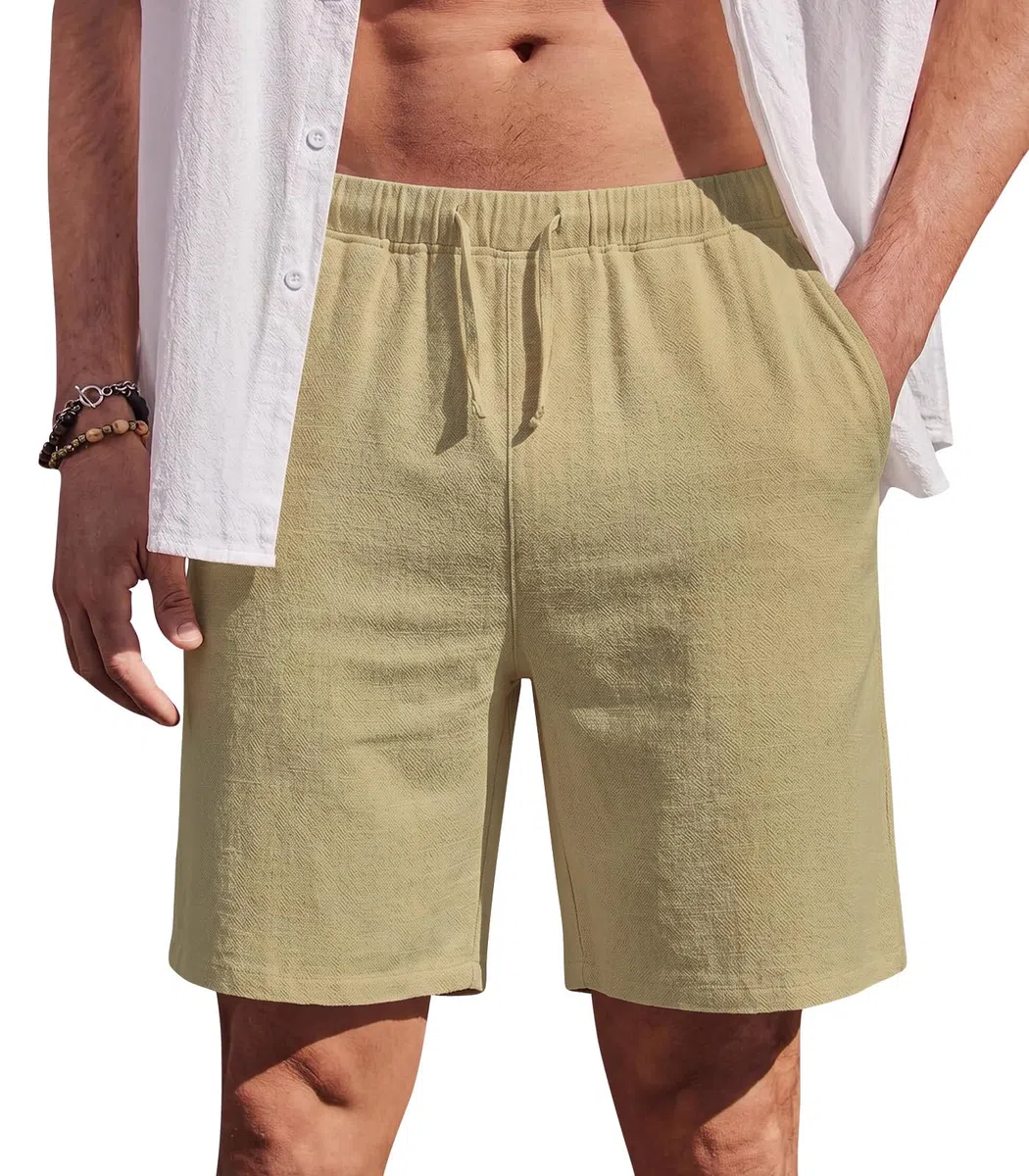 Pantaloncini Corti da Uomo in Lino Bermuda Estivi Casual da Spiaggia Pantaloncini Leggeri con Coulisse e Tasche