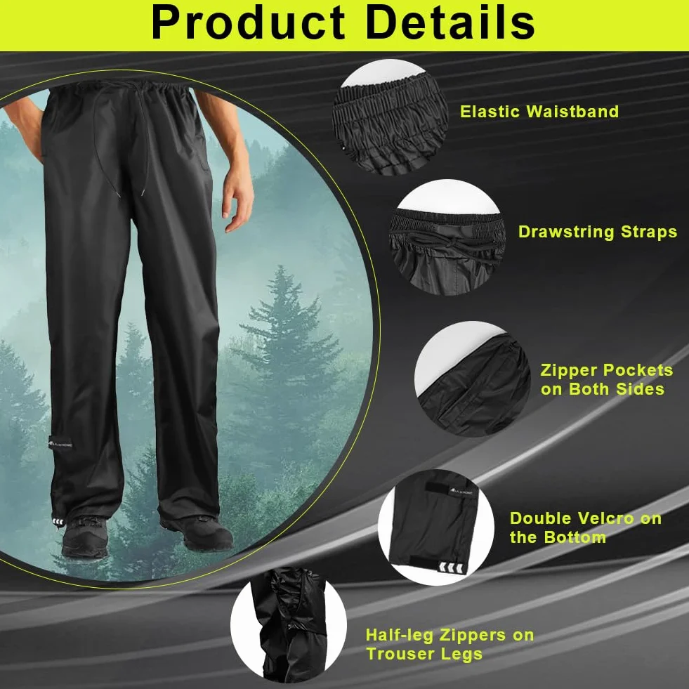 flintronic Pantaloni da Pioggia Uomo, Pantaloni Antipioggia Impermeabili, Sovrapantaloni Antipioggia Leggeri e Traspiranti con Tasche con Zip, Adatti per l'escursionismo e Il Ciclismo