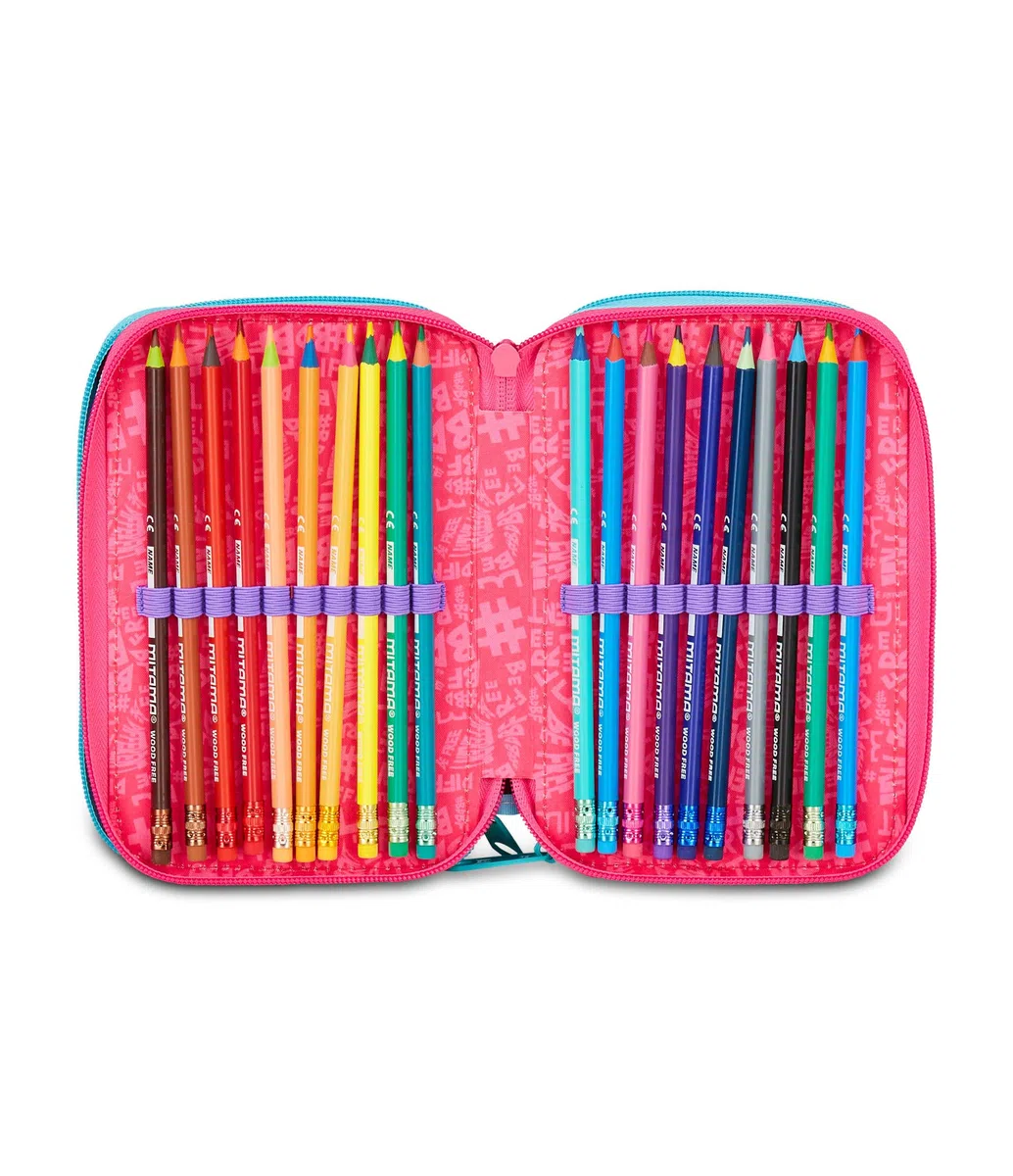 Mitama Astuccio Scuola 3 Scomparti, SUPER TRIPLO RAINBOW LOVE, Contenuto 47 pz, Completo di Matite, Pennarelli, Portapenne Scuola Elementare Bambina