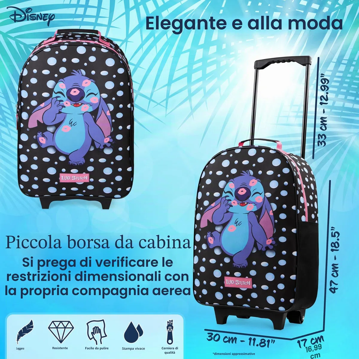 Disney Trolley Bambina Valigia Trolley Minnie Stitch Frozen Valigia per Bambini da Viaggio Bagaglio a Mano Cabin Bag 2 Ruote Accessori Minnie Elsa Stitch Gadget (Nero Stitch)