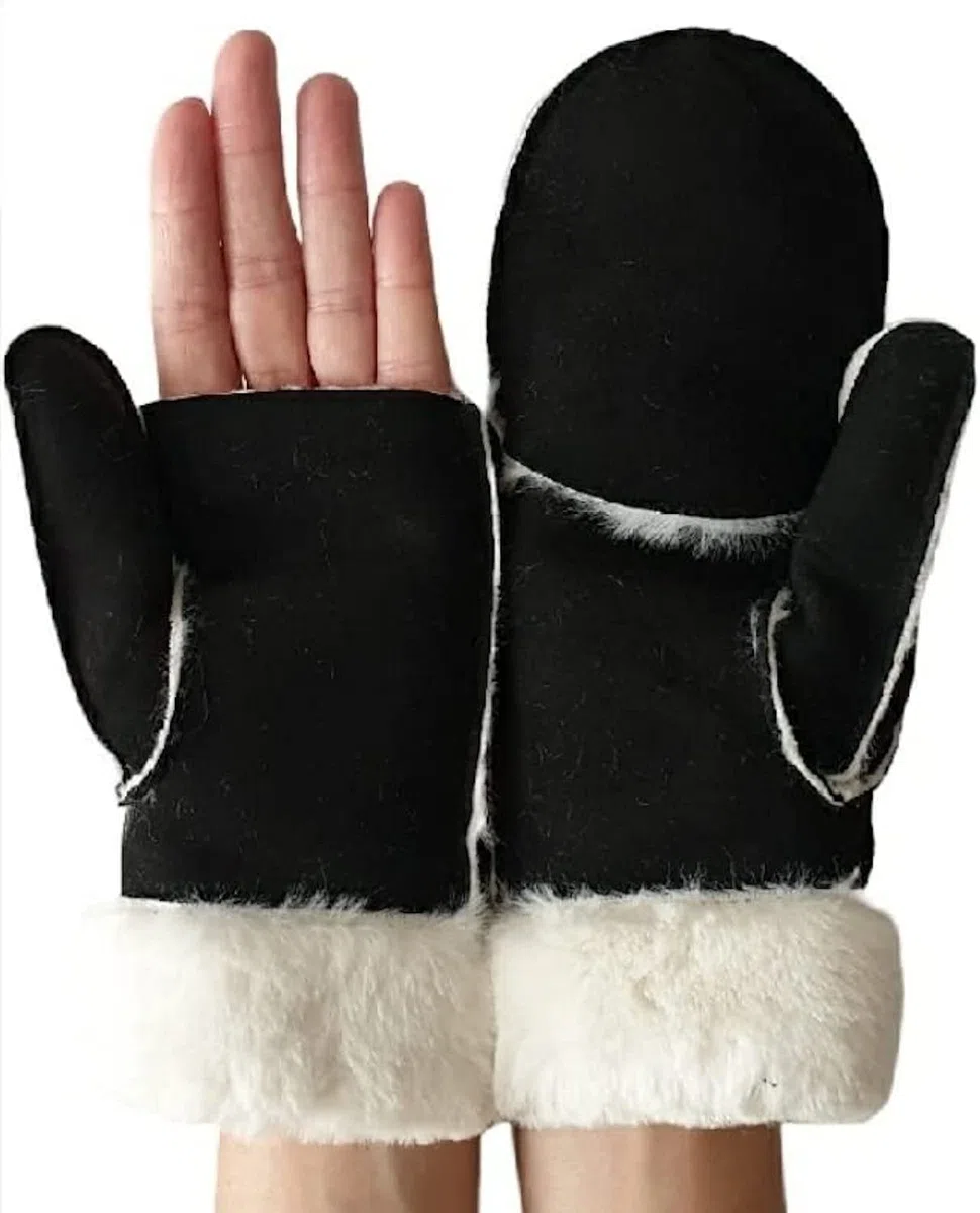 Guanti Invernali Donna Eleganti in Eco Pelle Scamosciata – Muffole Apribili Calde con Interno Felpato e Polsino in Eco Pelliccia – Taglia S/M
