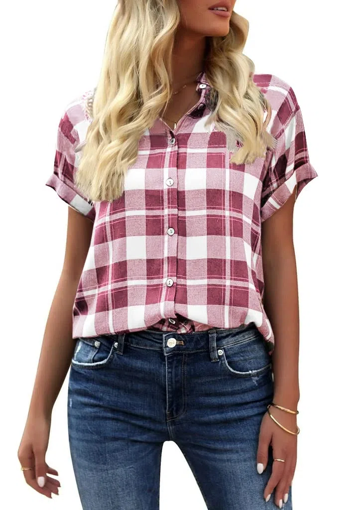 GeGekoko Camicetta da donna a quadri, a maniche corte, casual, con scollo a V, con bottoni