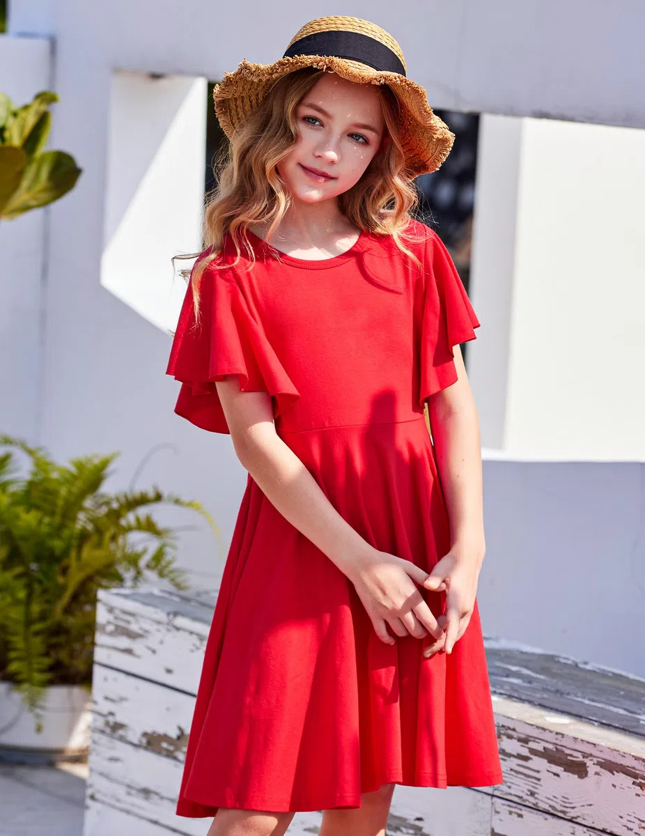 Arshiner Abito da Bambina con Maniche a Farfalla, Svasato, Scollo Rotondo, Estivo, in Cotone, per Feste, Matrimoni, Abbigliamento Casual per Bambini, con Tasca, 5-13 Anni
