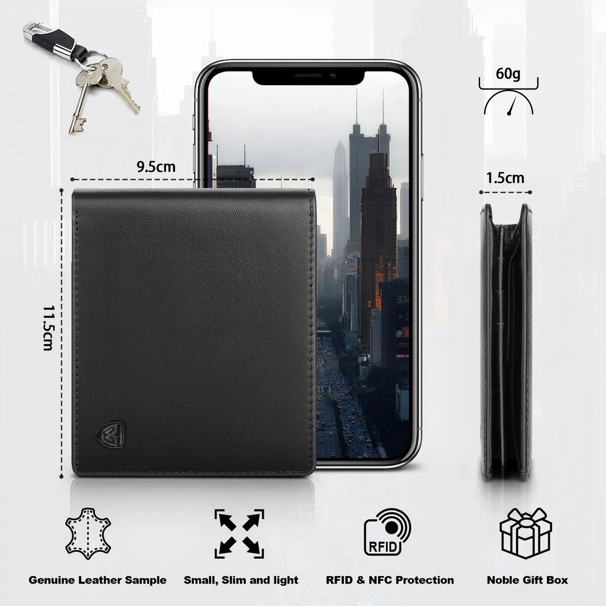 WONSEFOO Portafoglio Uomo Slim Pelle Blocco RFID, Con Portamonete, Porta Chiavi e Carte di Credito, Finestra ID, Scomparti Banconote e Confezione Regalo, Piccolo Brifold (9 * 14 * 2.6 CM)