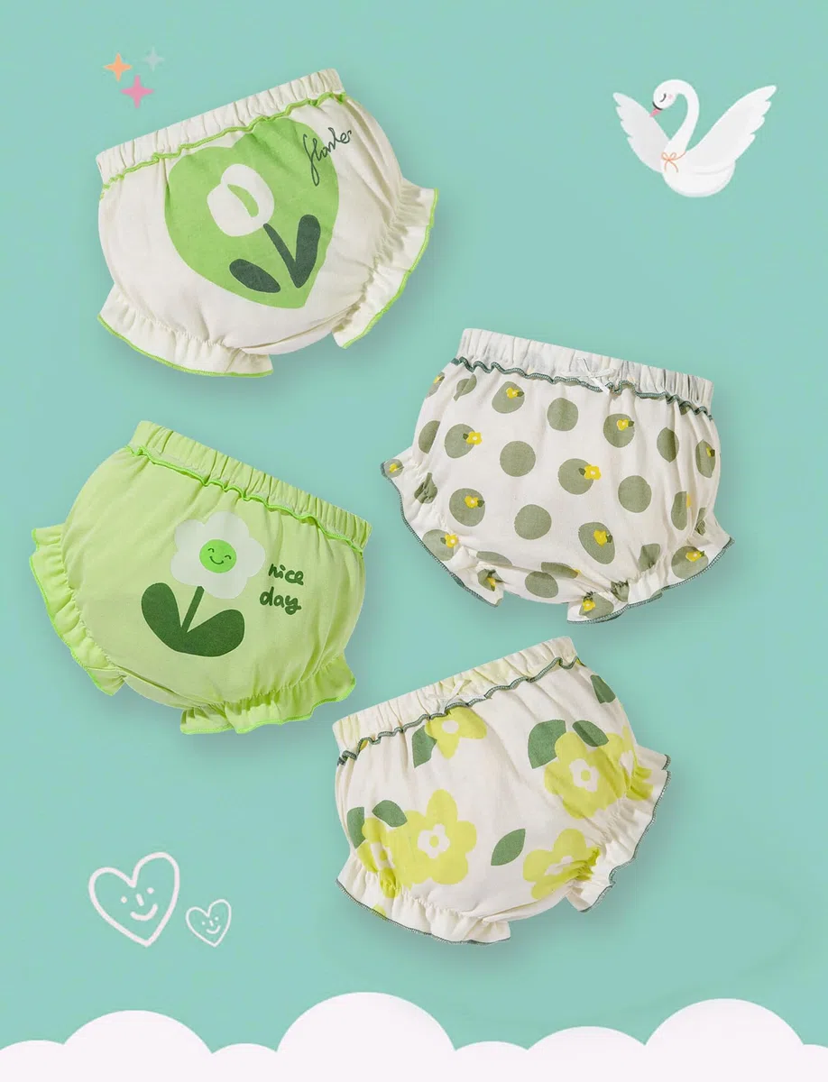Set di 4 Slip per Bambini, Slip Elastici con Volant Traspiranti, Pantaloncini a Vita Alta per Pannolini, Pantaloncini Bloomer per Bambini, Biancheria Intima Morbida, 6 Mesi-4 Anni