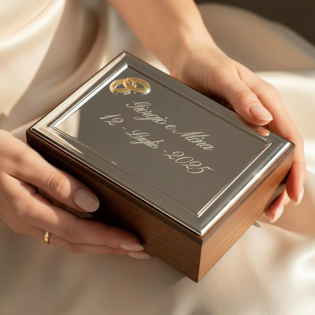 Argenteria MB Cofanetto Portagioie per Il Matrimonio o per Un Anniversario di Nozze, Realizzato in Legno con Targa in Argento PVD Personalizzabile con i Nomi, La Data dell'Anniversario o Una Dedica