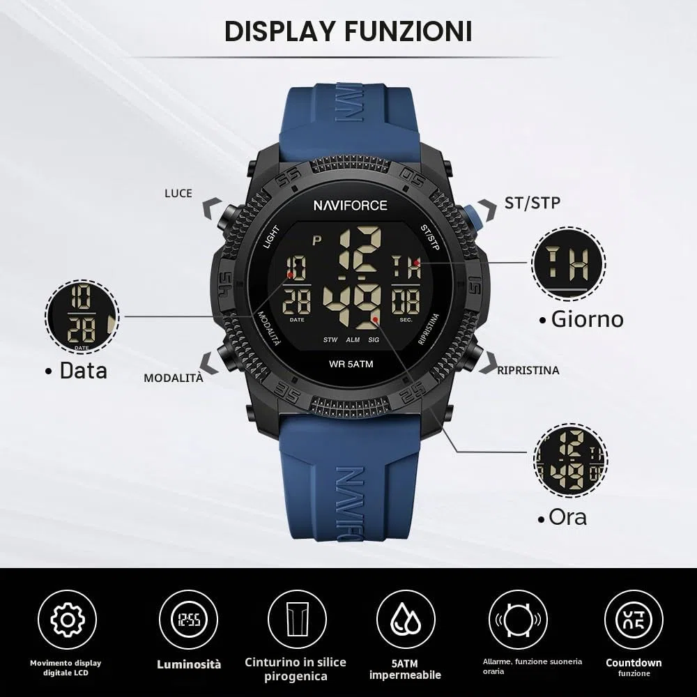 Naviforce Orologio digitale sportivo impermeabile da uomo con cronometro, allarme, cinturino in gomma, orologio da polso per donna