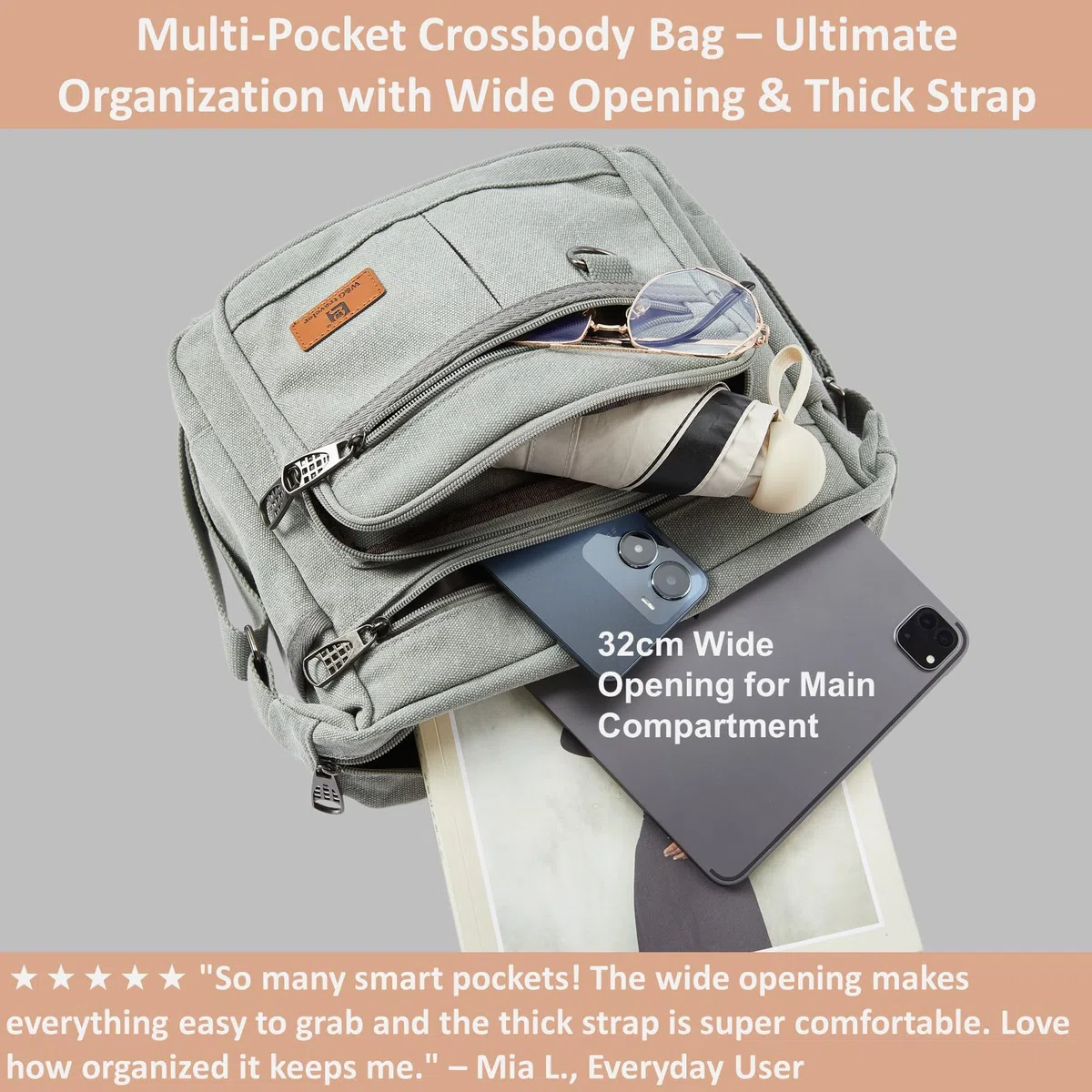 W&G traveler Borsa di tela Messenger, borsa crossbody del computer portatile da 13 pollici, borsa a tracolla della macchina fotografica di Sling Sathel per gli uomini Donne