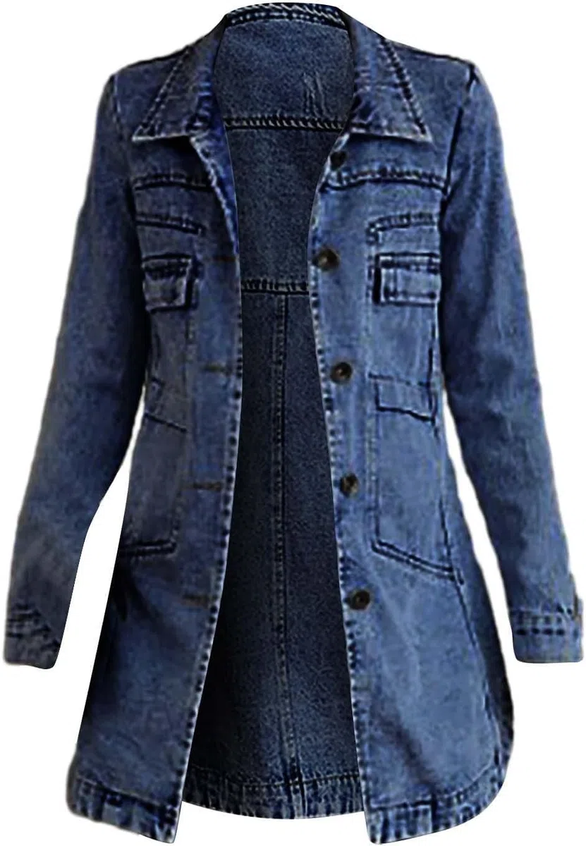 da Donna Elegante Lungo Oversize Abbottonato Trench Coat Risvolto Denim Parka con Bottoni Sottile Monopetto di Media Lunghezza Trench Giacca Autunnale
