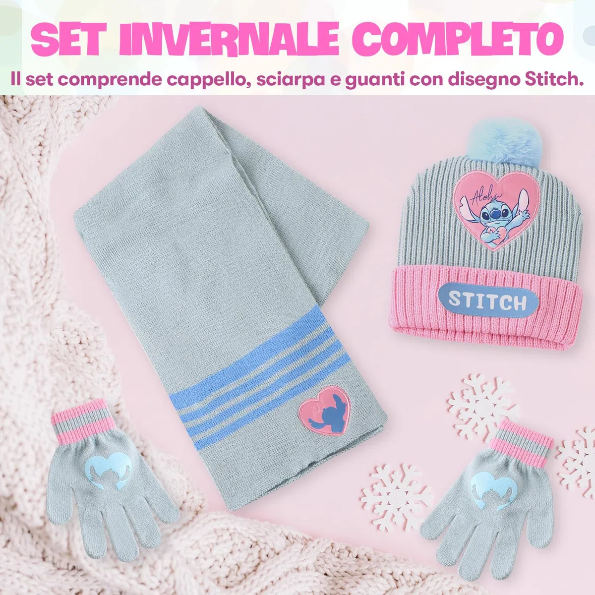 Set invernale Stitch per bambina – Cappello, sciarpa e guanti Disney – Accessori caldi e morbidi – Idea regalo per le fan di Stitch