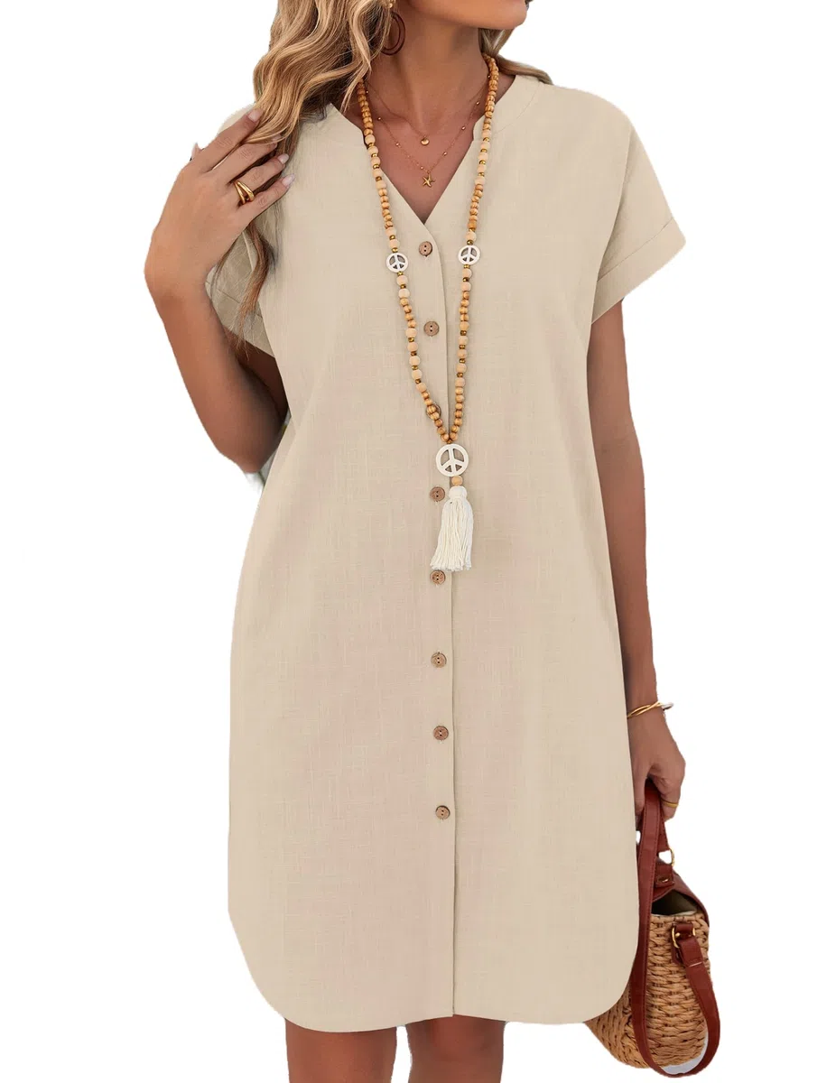 Zeagoo Vestito Donna in Lino Maniche Corte Estivo Vestiti Corto Abito da Spiaggia Abiti a Camicia con Tasche Scollo a V Copricostume S-XXL