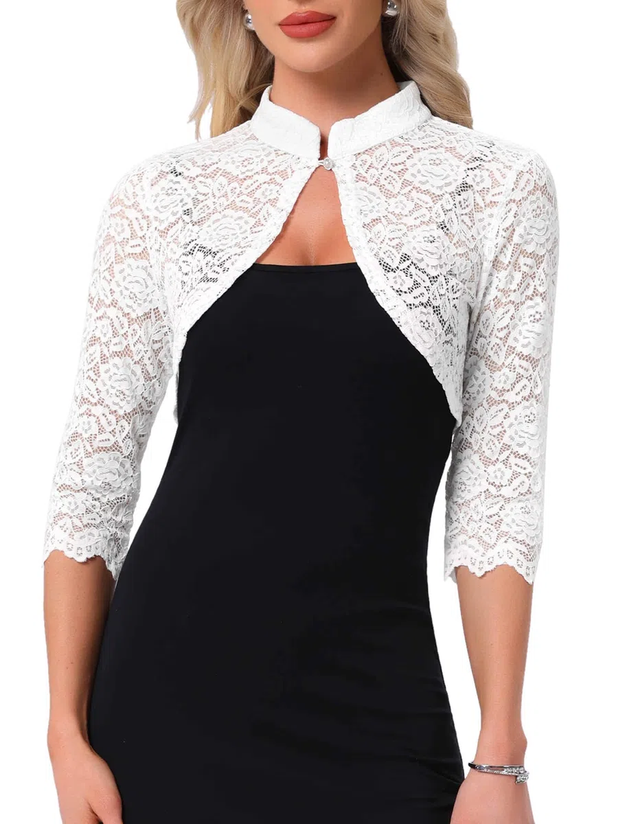 Allegra K Elegante Bolero in Pizzo per Donna con Maniche A 3/4 E Cardigan in Pizzo Floreale Trasparente