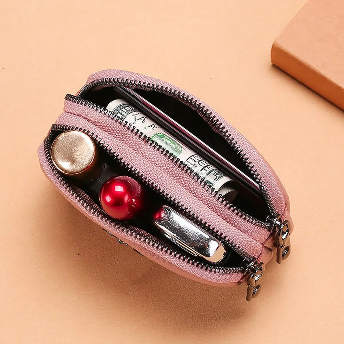 Portamonete da donna in vera pelle - Doppia cerniera Bee Change Pouch Portafoglio Porta carte Portamonete Mini Semplice portamonete carino