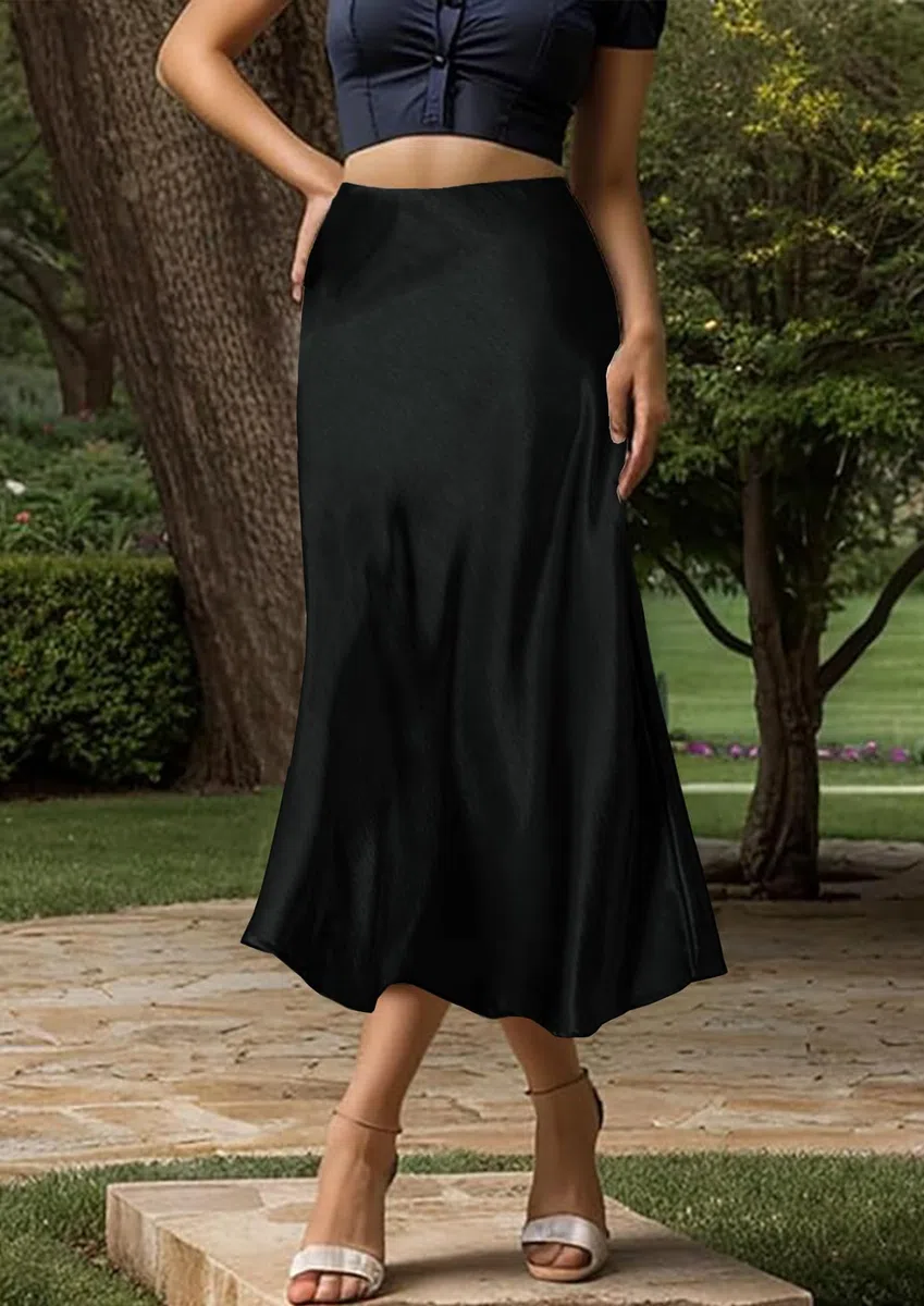 Gonna Raso Lunga da Donna Vita Alta Elegante Elastico Gonna Satin Casual Midi Gonne A Linea Ufficio Seta Pieghe Skirt a Mezza Autunno