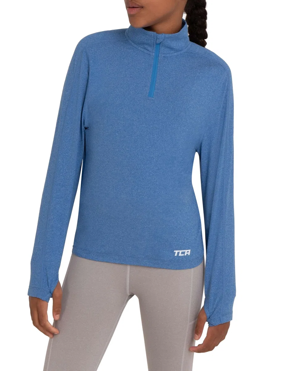 TCA Fusion Quickdry Maglia da Corsa A Manica Lunga da Bambina con Colletto e Mezza Zip